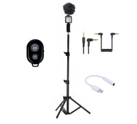 Микрофон пушка BY-MM1 с ветрозащитой и переходником Jack 3.5 мм - USB Type-C на напольном штативе JBH с осветителем, держателем телефона и кнопкой Bluetooth