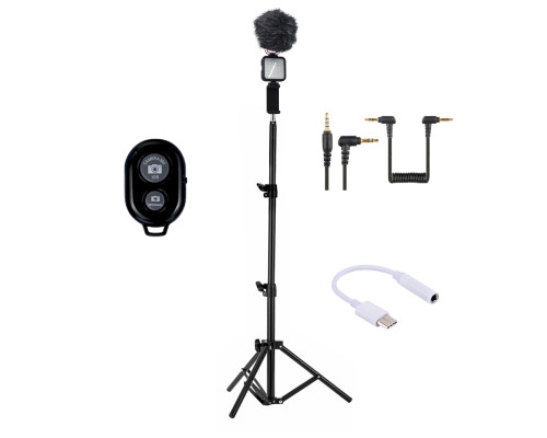 Микрофон пушка BY-MM1 с ветрозащитой и переходником Jack 3.5 мм - USB Type-C на напольном штативе JBH с осветителем, держателем телефона и кнопкой Bluetooth