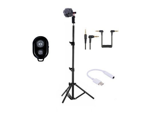 Микрофон пушка BY-MM1 с ветрозащитой и переходником Jack 3.5 мм - USB Type-C на напольном штативе с держателем телефона и кнопкой Bluetooth