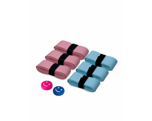 Намотки для ракетки, 110*2,5 см, цвет голубой и розовый по 3 шт и амортизаторы розовый и синий