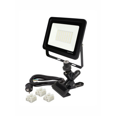 Светодиодный строительный прожектор 50 Вт на металлической прищепке PR1 для горизонтального и вертикального крепления с кабелем 5 м и клеммами