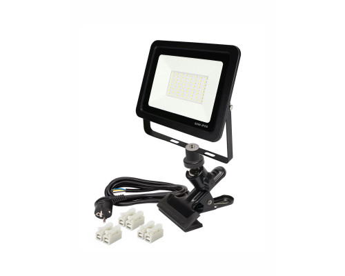Светодиодный строительный прожектор 50 Вт на металлической прищепке PR1 для горизонтального и вертикального крепления с кабелем 5 м и клеммами